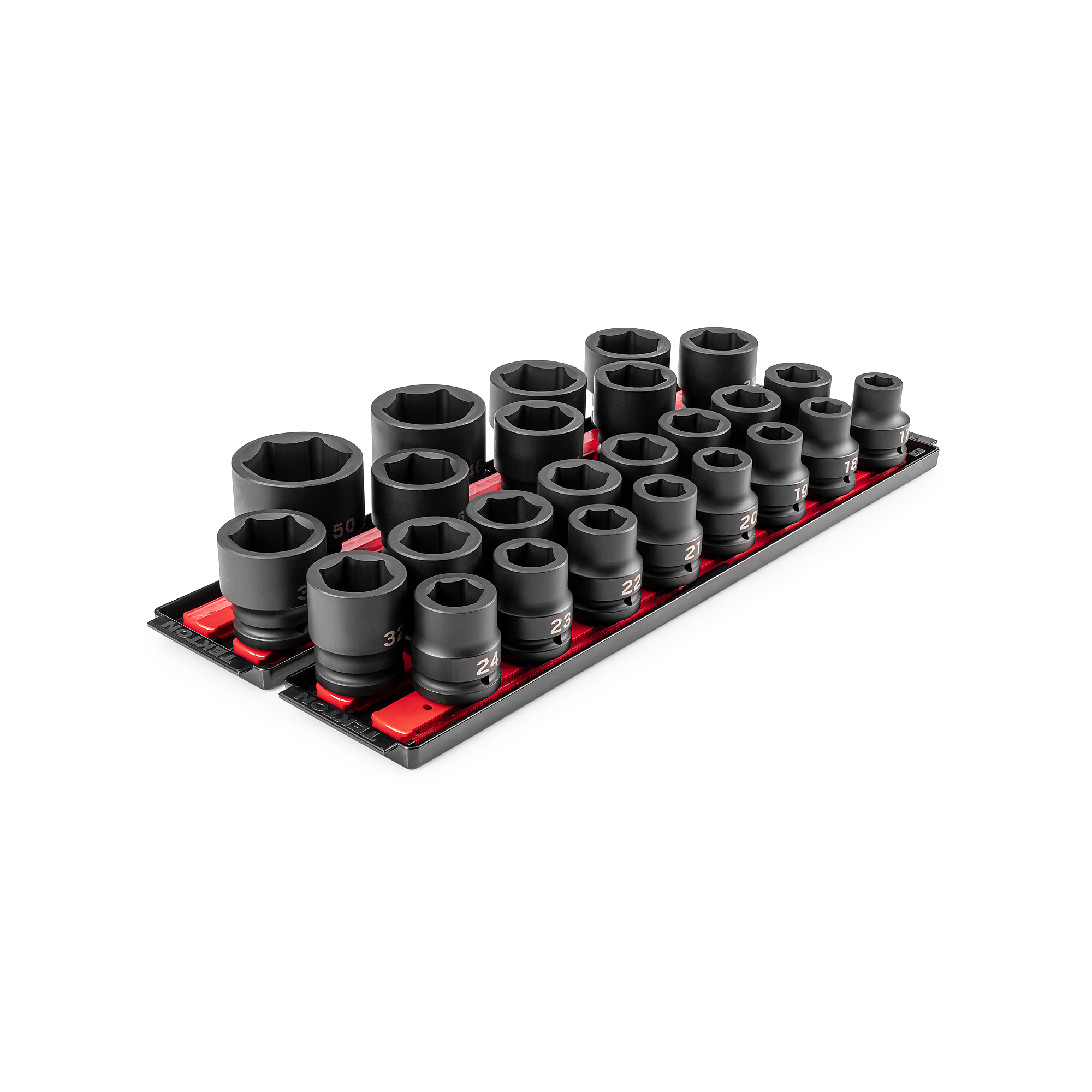 TEKTON 3/4 Inch Drive Shallow 6-Point Impact Socket Set with Rails and Trays, 25-Piece (17 - 50 mm, Common Sizes) | SID93113
